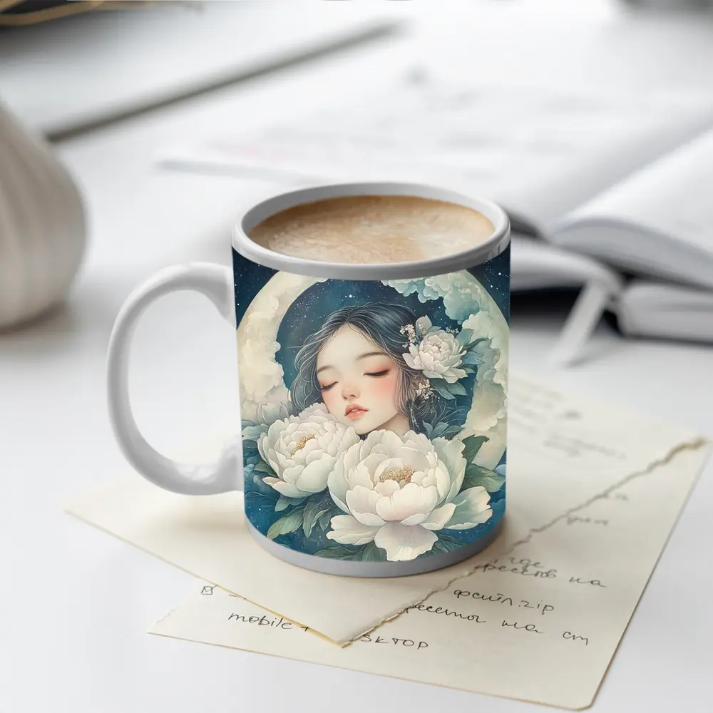 Sleeping Girl Moon Peonies Night Sky – Mugs