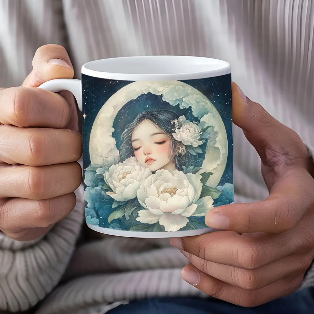 Sleeping Girl Moon Peonies Night Sky – Mugs