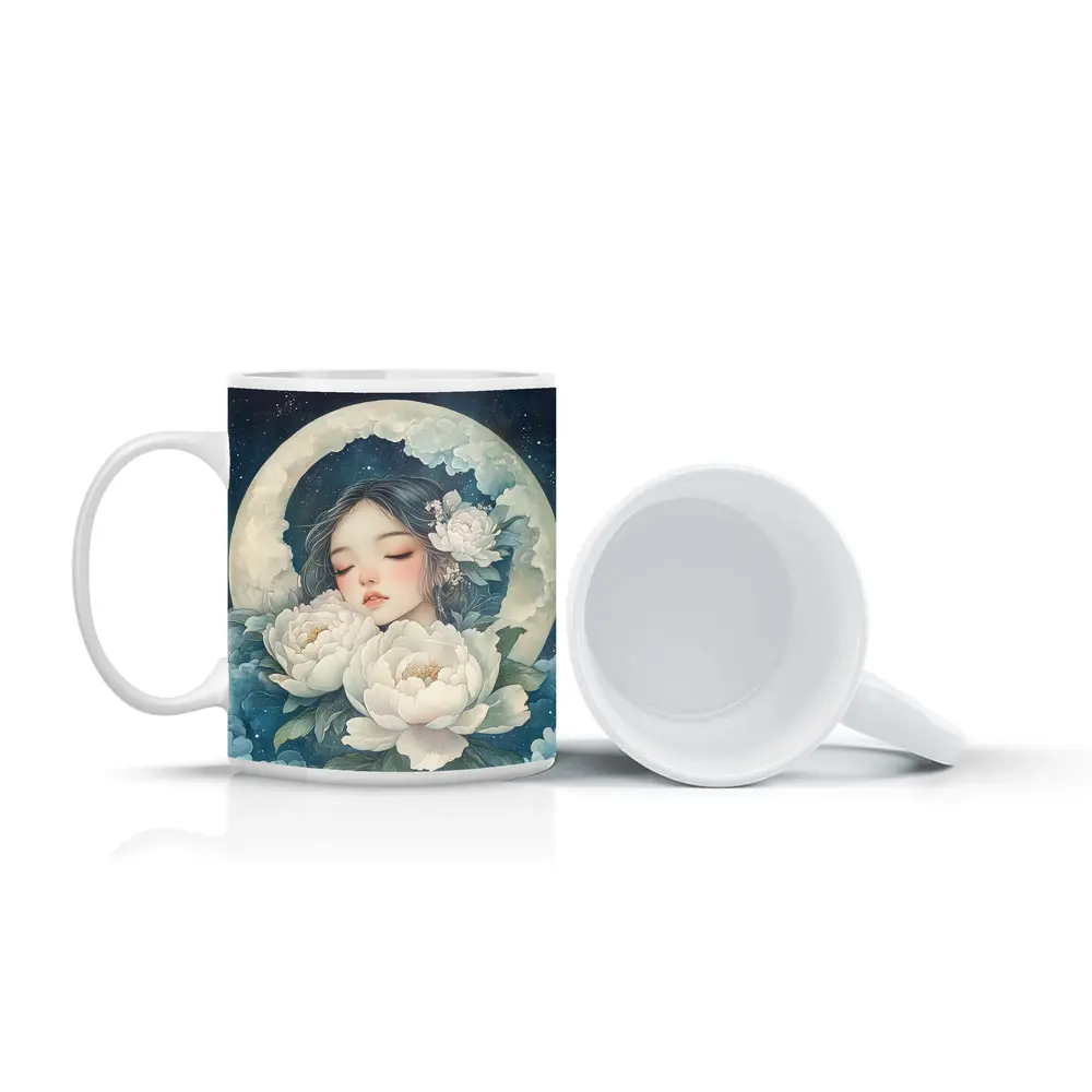Sleeping Girl Moon Peonies Night Sky – Mugs