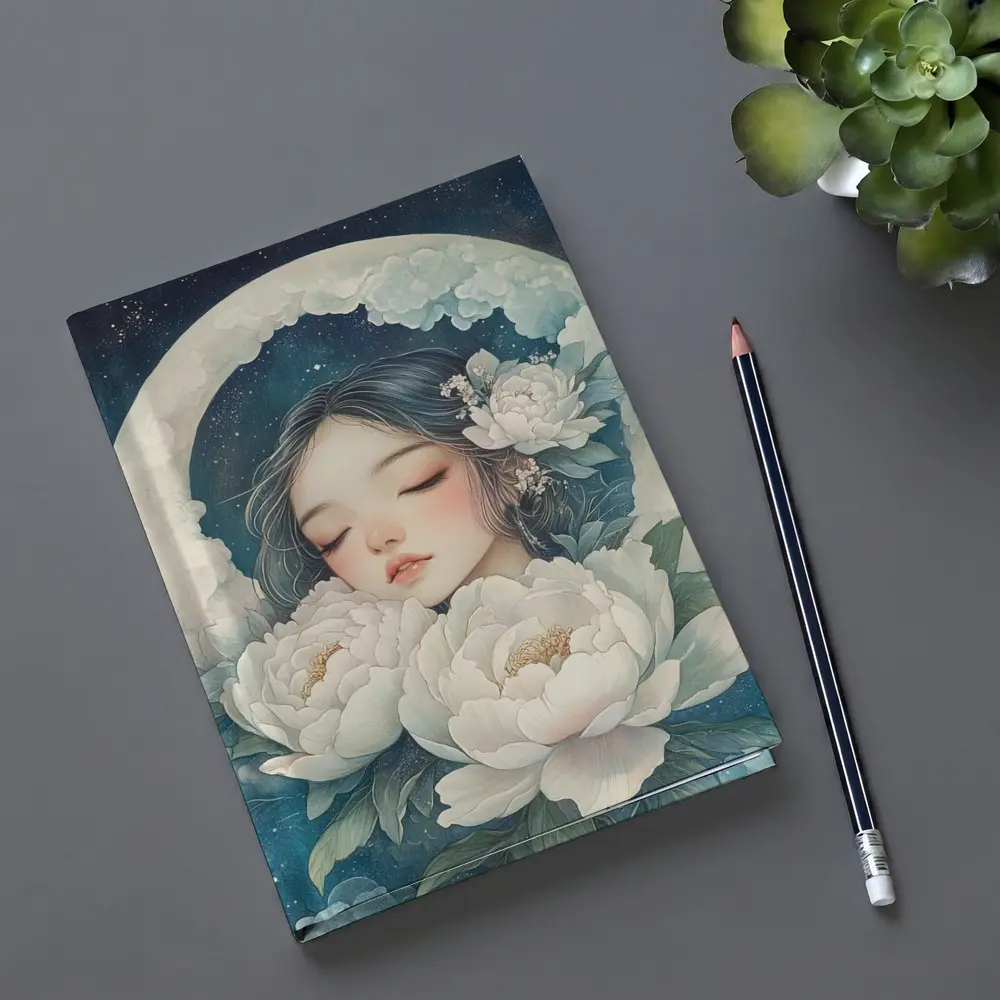 Sleeping Girl Moon Peonies Night Sky – Notebooks