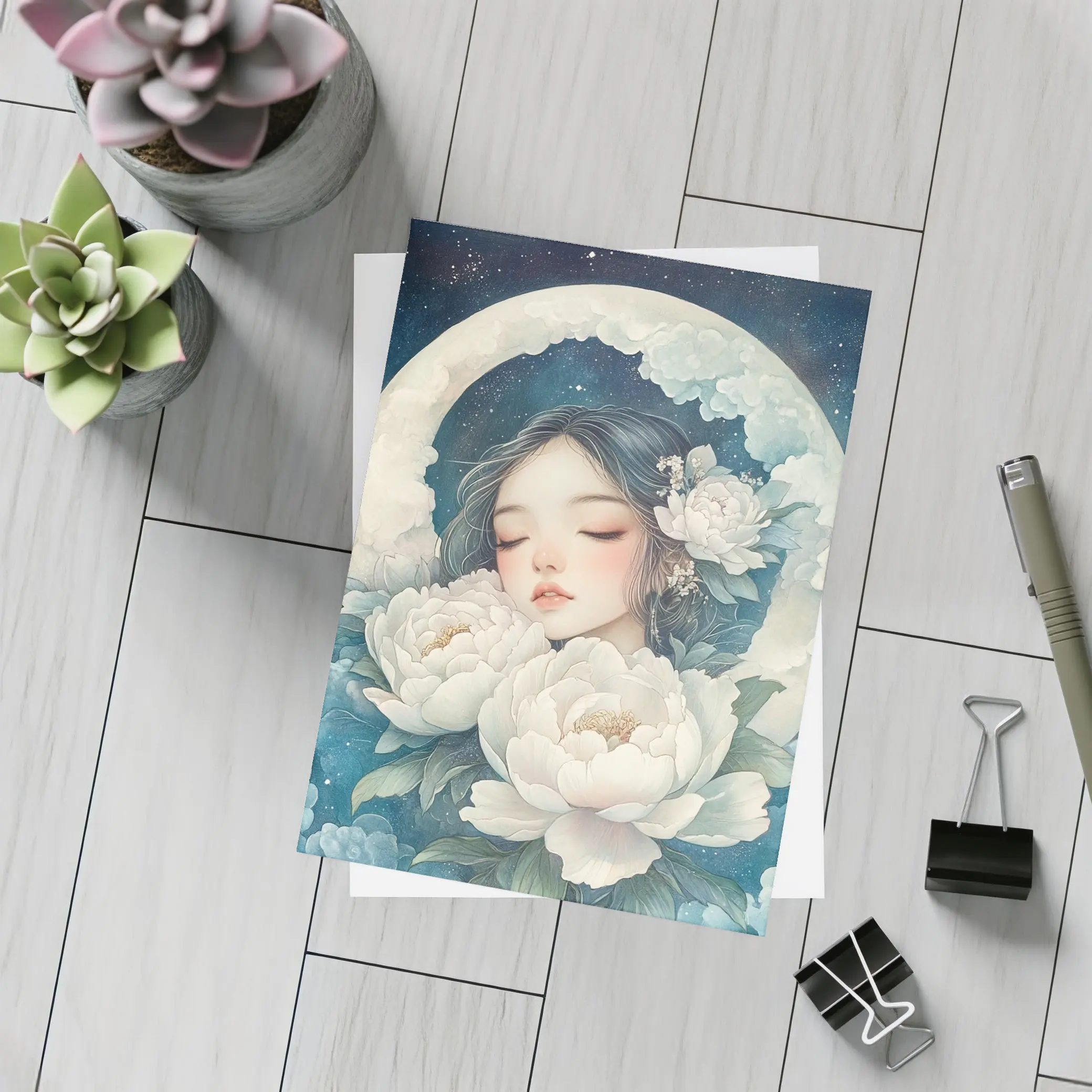 Sleeping Girl Moon Peonies Night Sky – Postcards