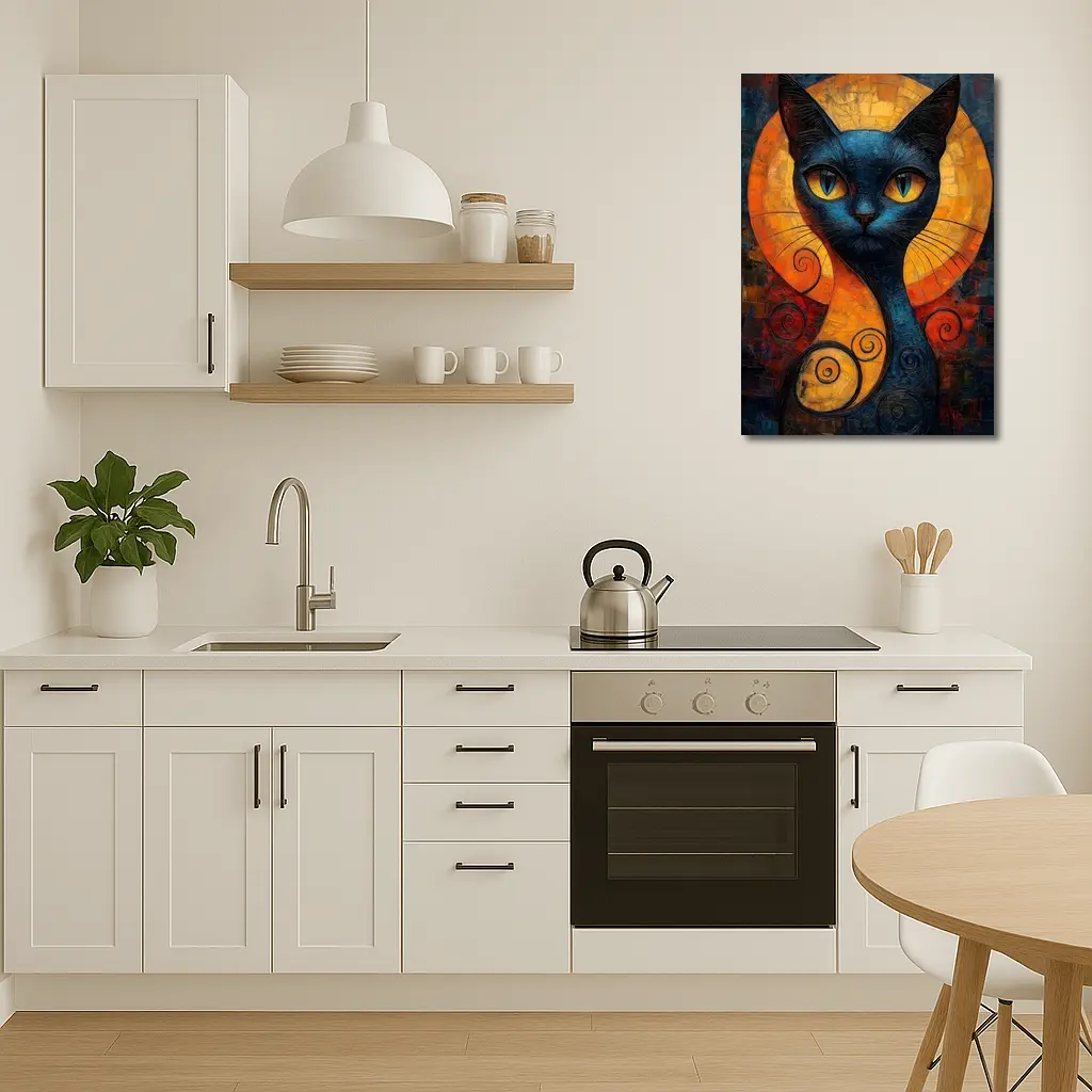 Blue Cat Mosaic Art Golden Circle Background – Wall Art