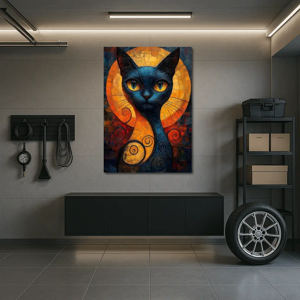 Blue Cat Mosaic Art Golden Circle Background – Wall Art