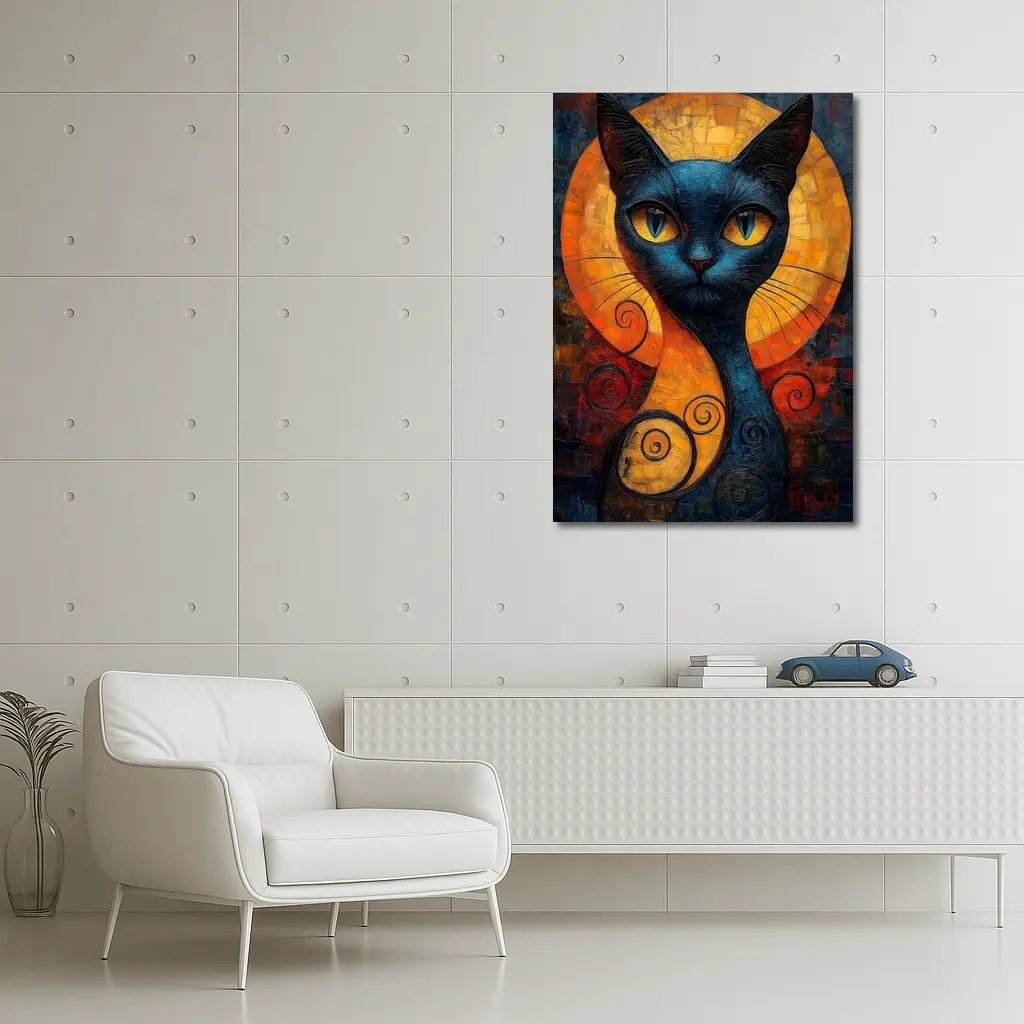 Blue Cat Mosaic Art Golden Circle Background – Wall Art