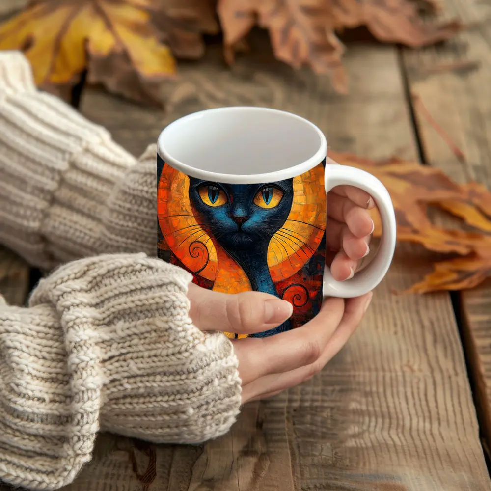 Blue Cat Mosaic Art Golden Circle Background – Mugs