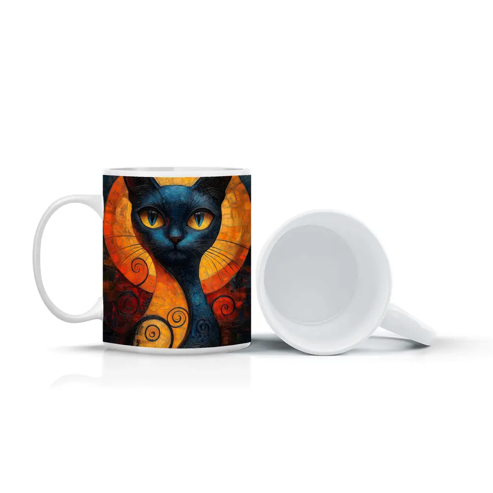 Blue Cat Mosaic Art Golden Circle Background – Mugs