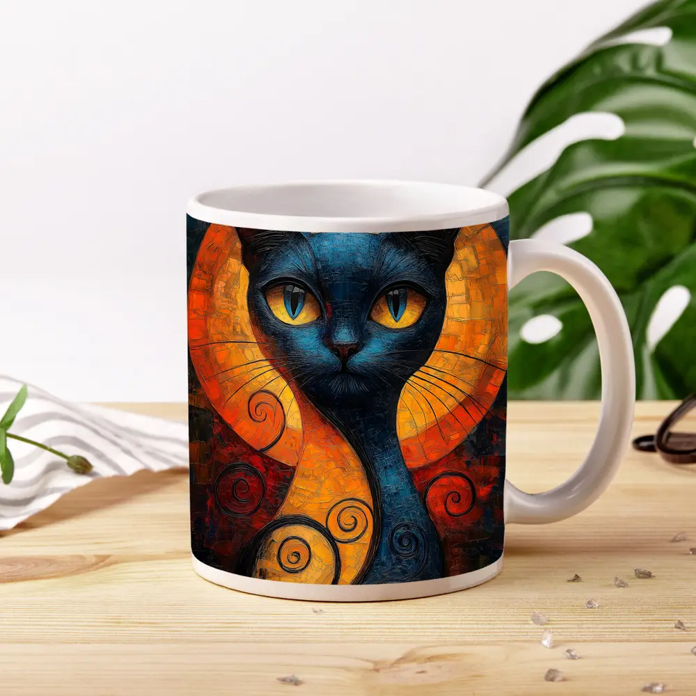 Blue Cat Mosaic Art Golden Circle Background – Mugs