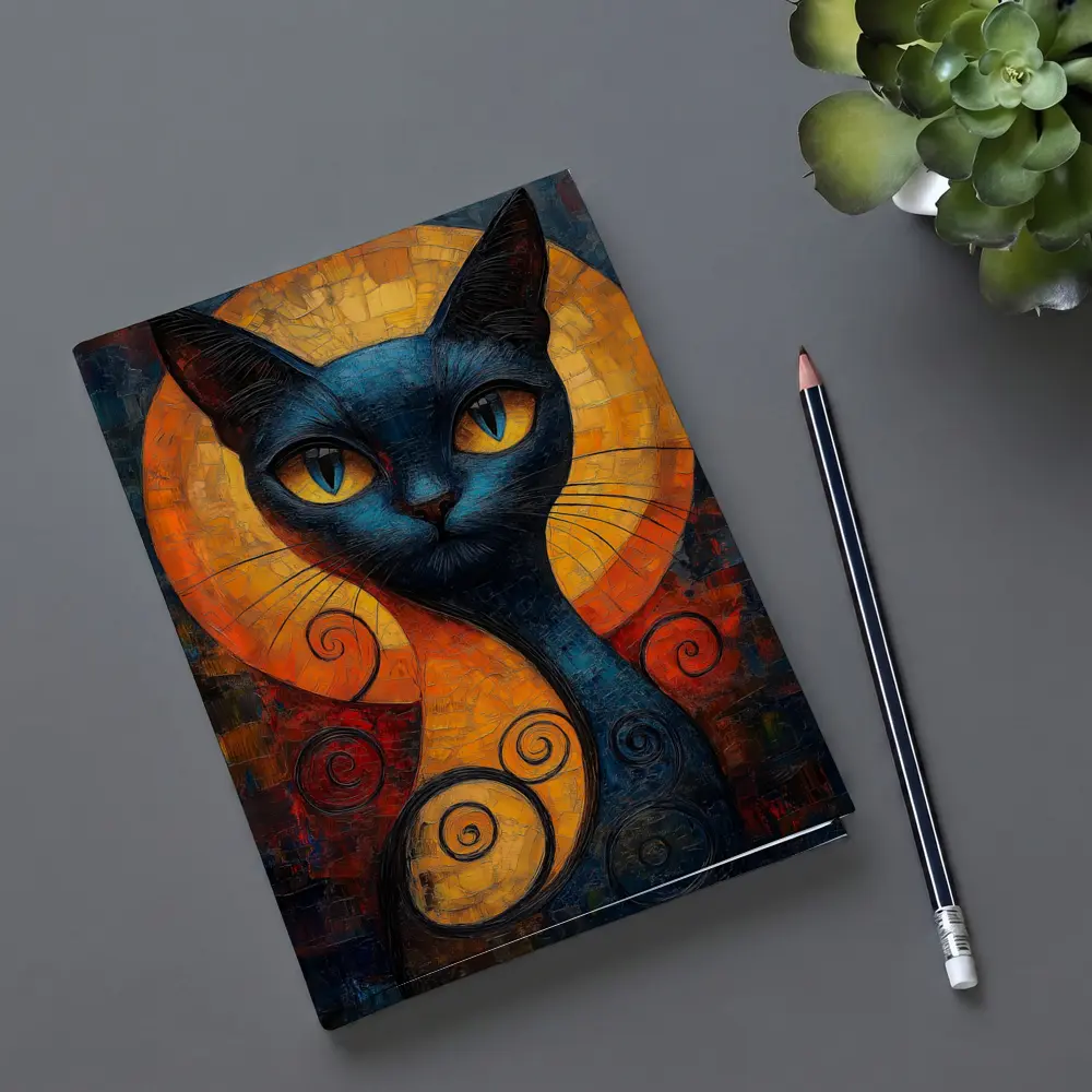 Blue Cat Mosaic Art Golden Circle Background – Notebooks