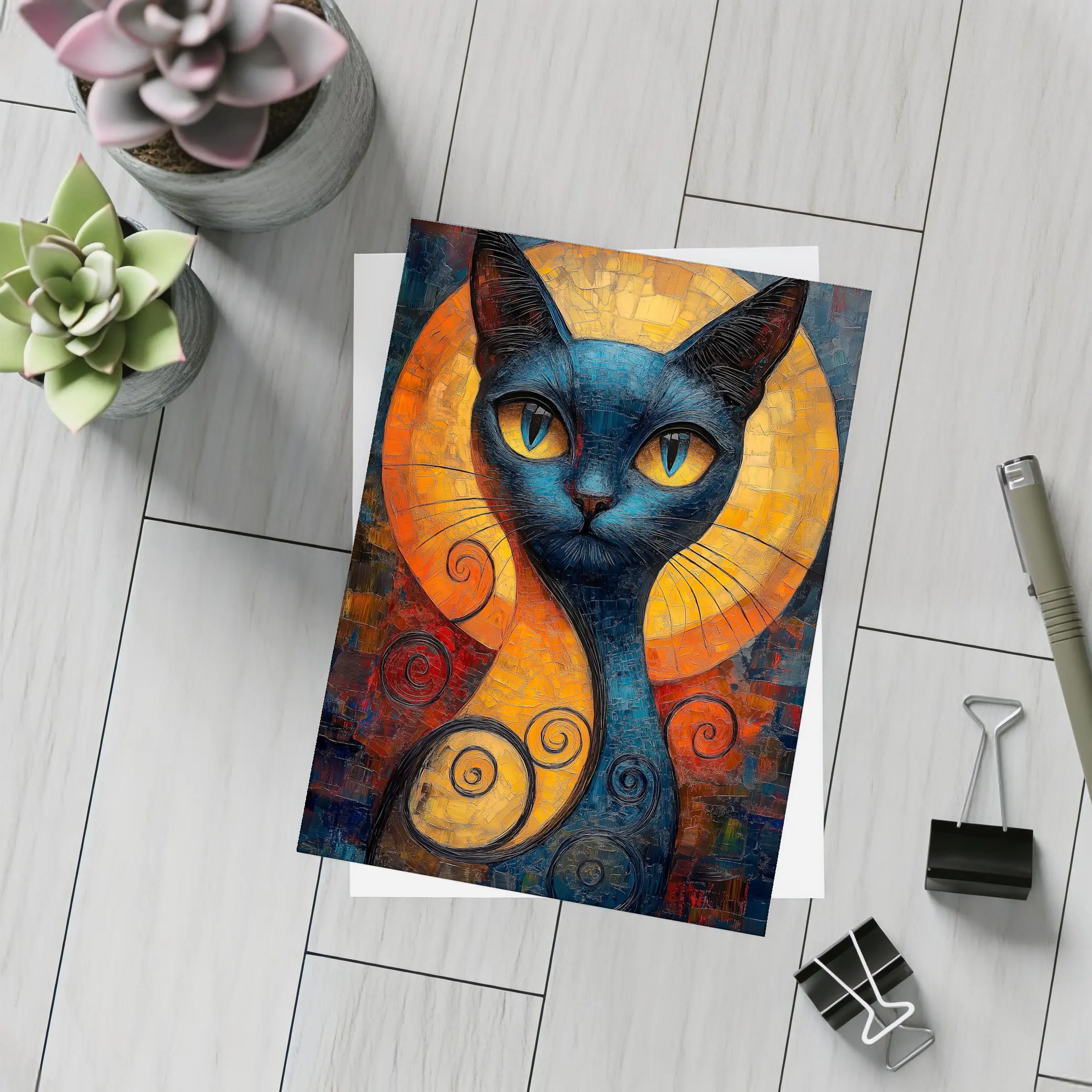 Blue Cat Mosaic Art Golden Circle Background – Postcards