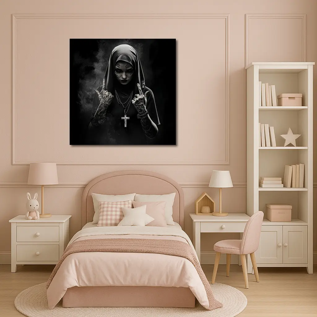 Tattooed Nun Dark Gothic Black Background – Wall Art