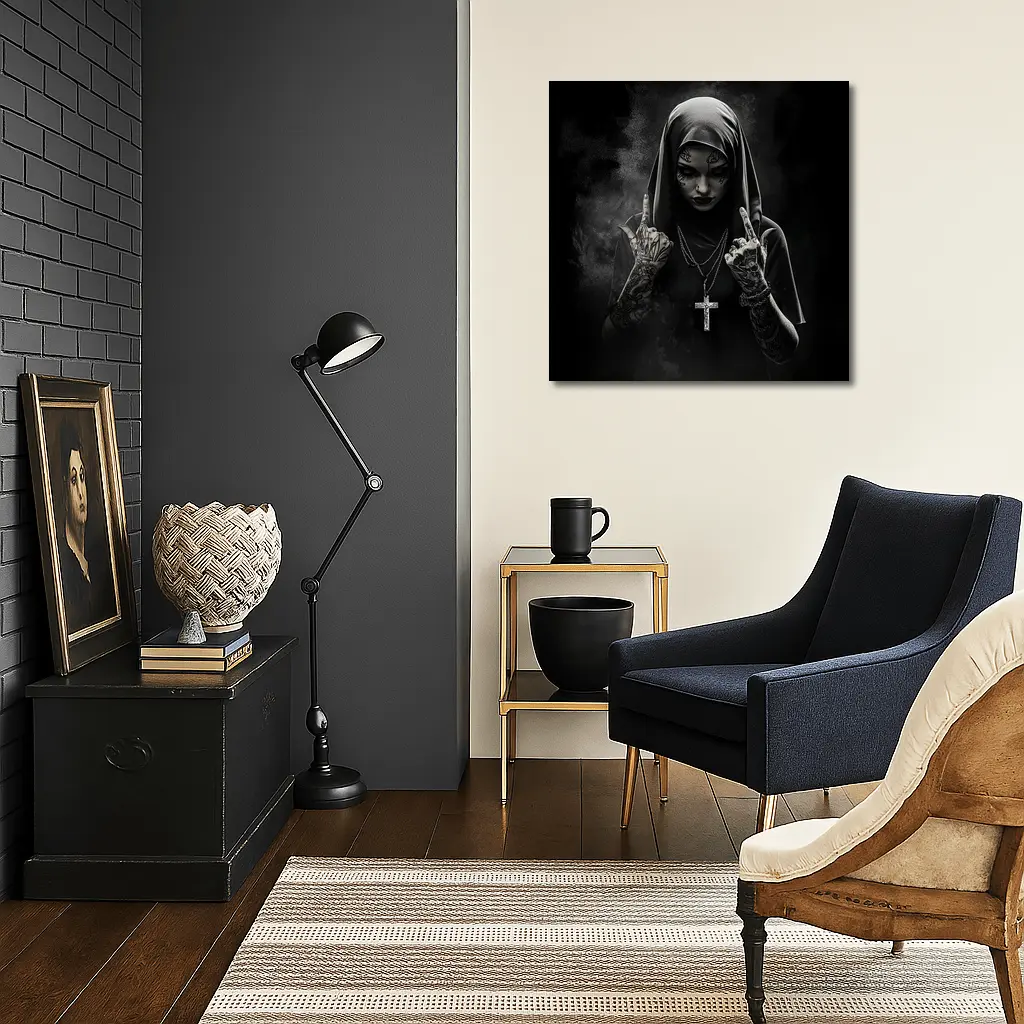 Tattooed Nun Dark Gothic Black Background – Wall Art