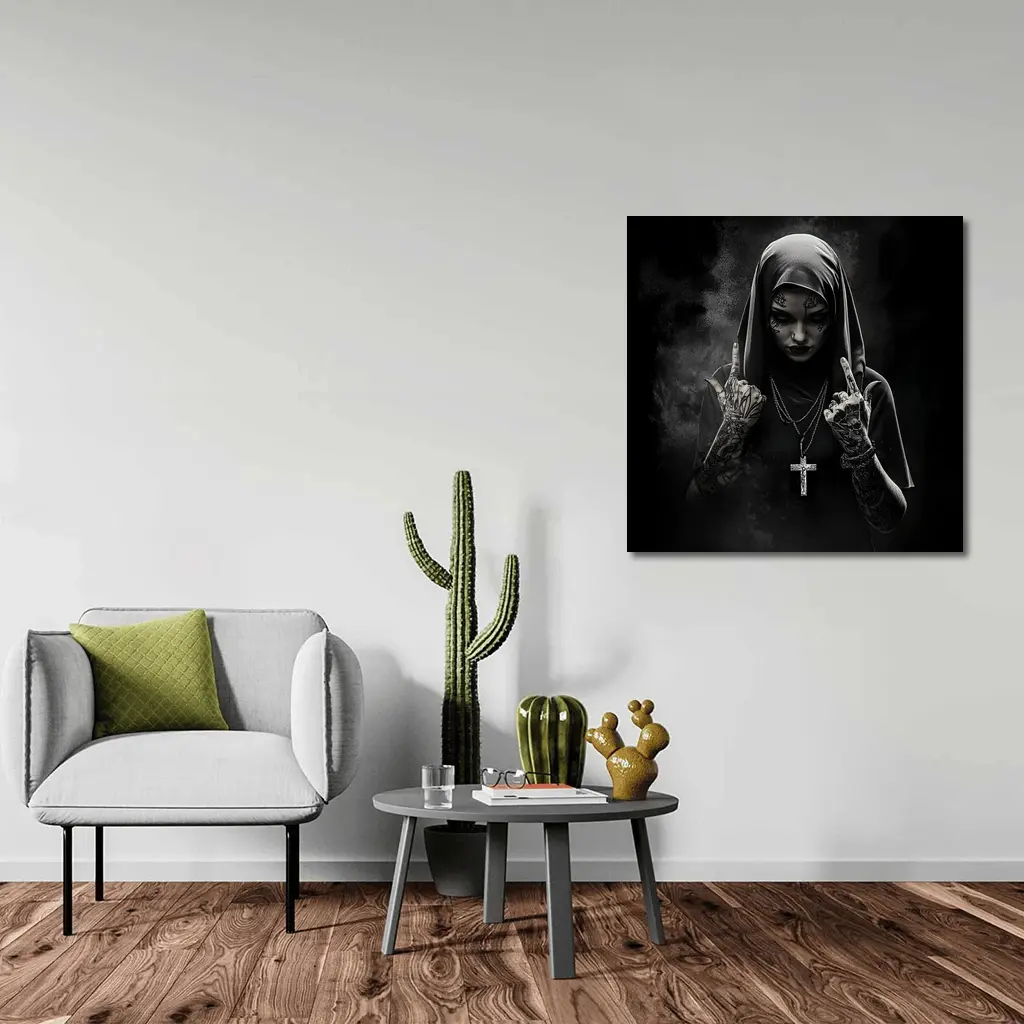Tattooed Nun Dark Gothic Black Background – Wall Art
