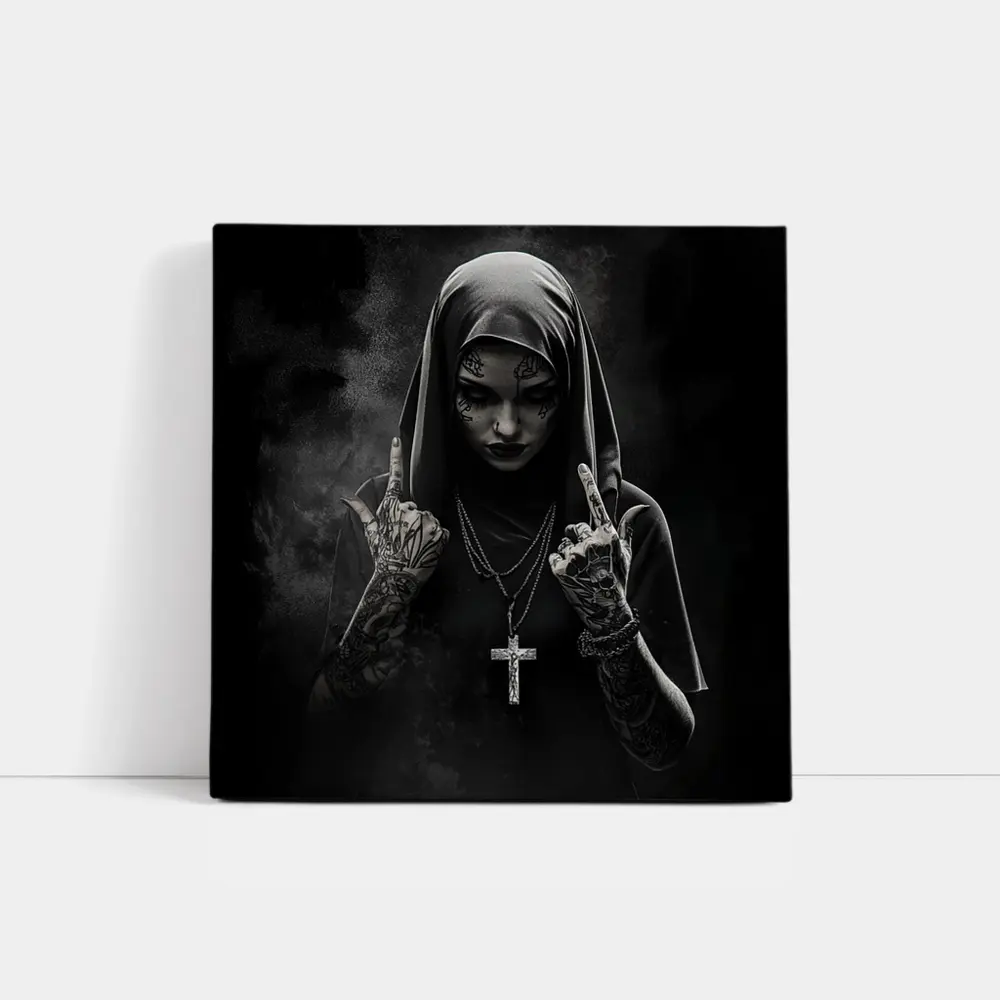Tattooed Nun Dark Gothic Black Background – Wall Art