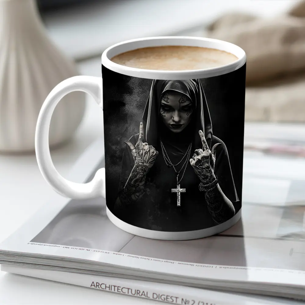 Tattooed Nun Dark Gothic Black Background – Mugs