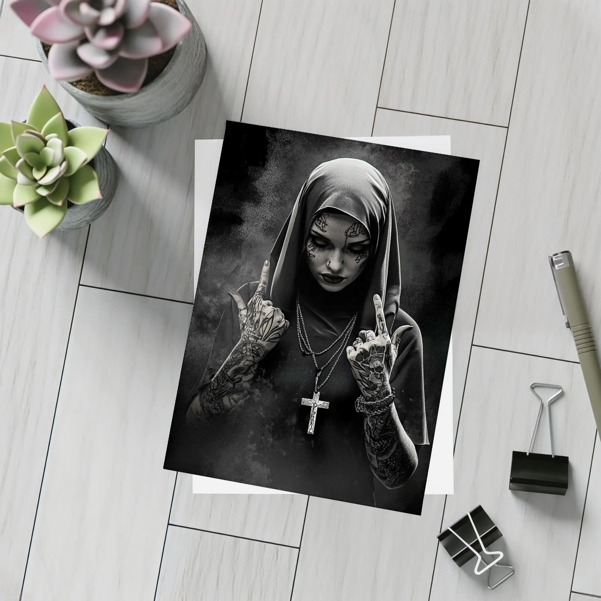 Tattooed Nun Dark Gothic Black Background – Postcards
