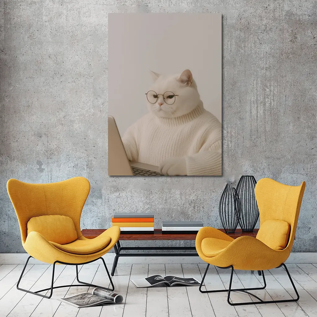 White Cat Glasses Turtleneck Sweater Laptop – Wall Art