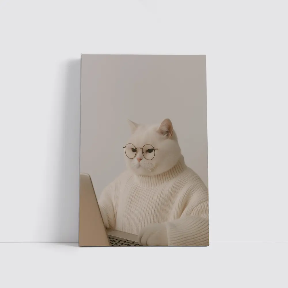 White Cat Glasses Turtleneck Sweater Laptop – Wall Art