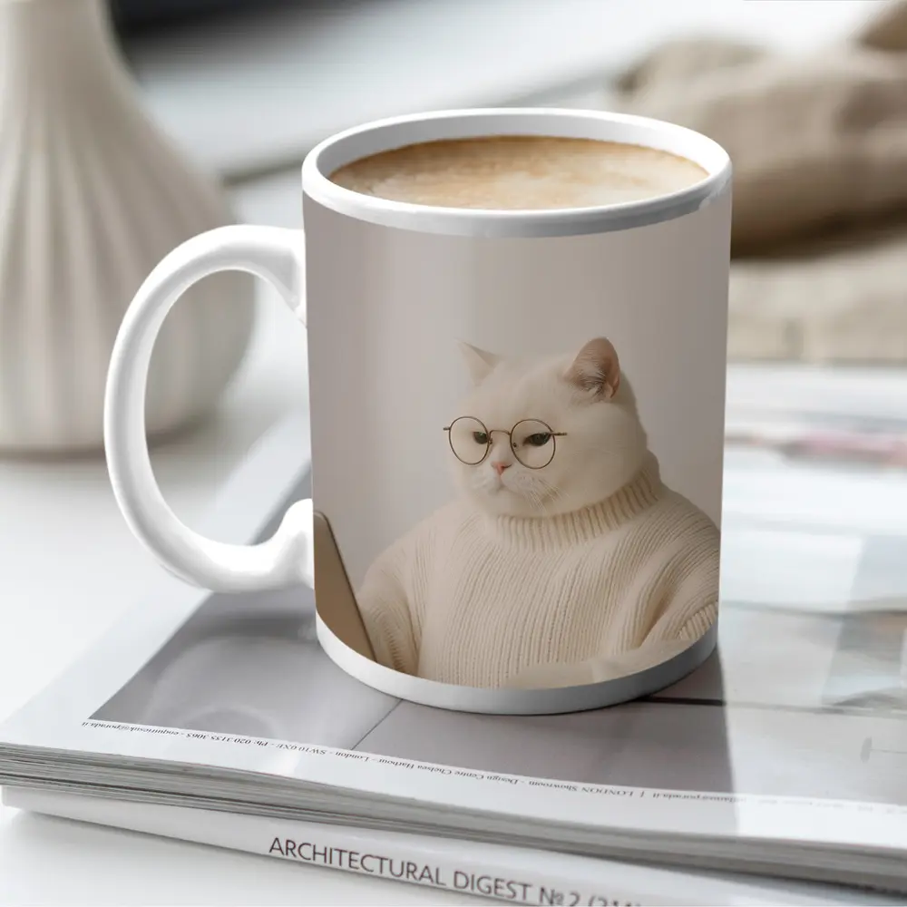 White Cat Glasses Turtleneck Sweater Laptop – Mugs