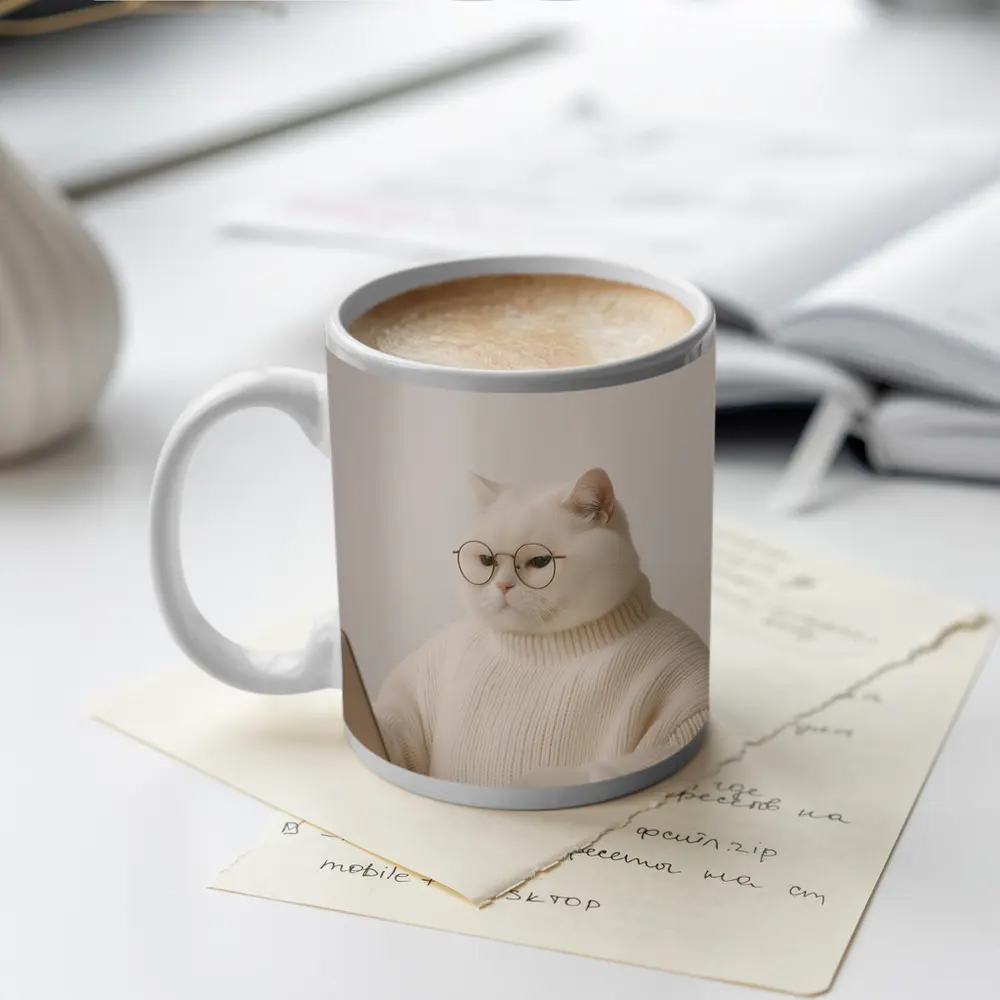 White Cat Glasses Turtleneck Sweater Laptop – Mugs