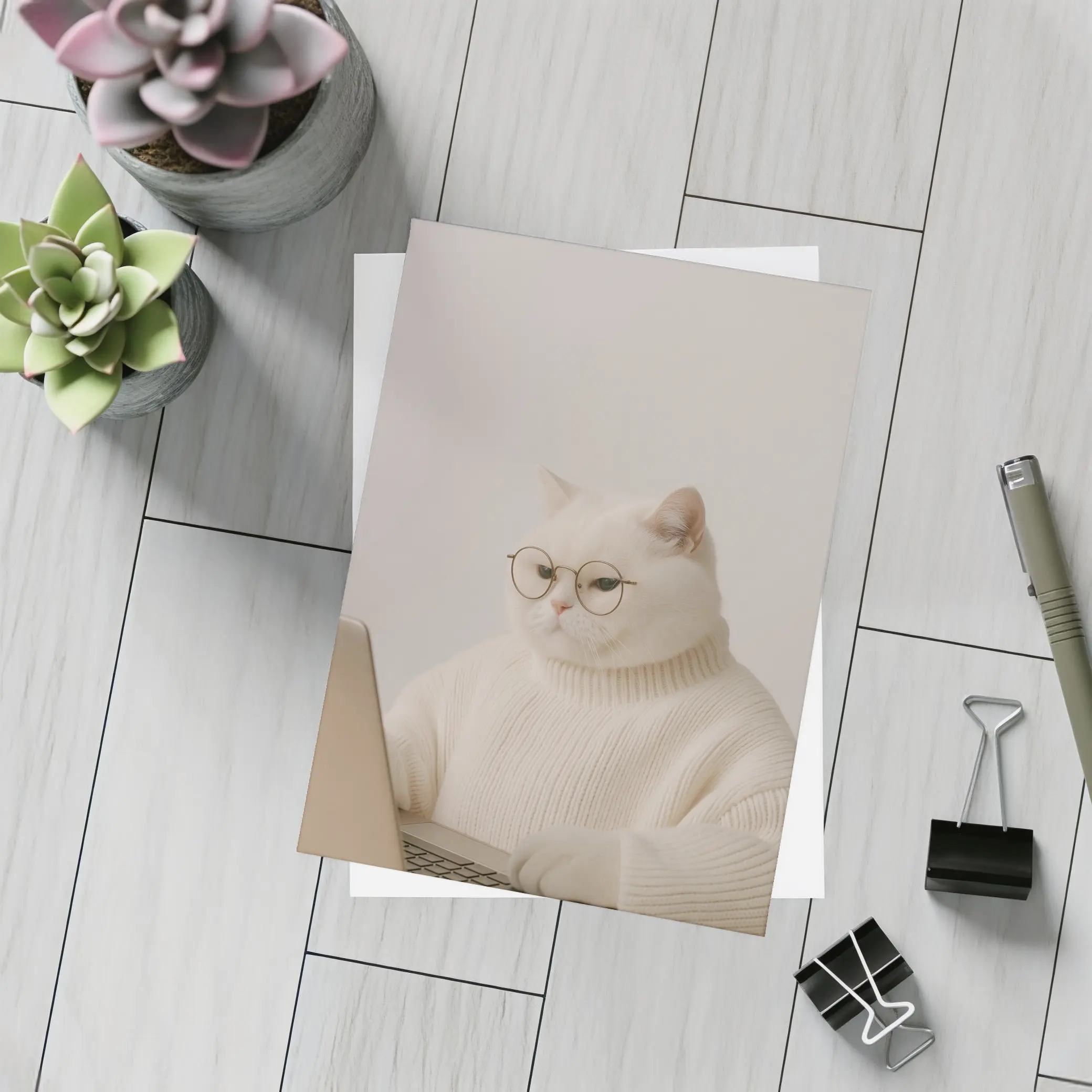 White Cat Glasses Turtleneck Sweater Laptop – Postcards