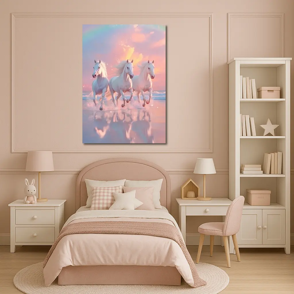 White Horses Running on Pastel Beach – Wall Art