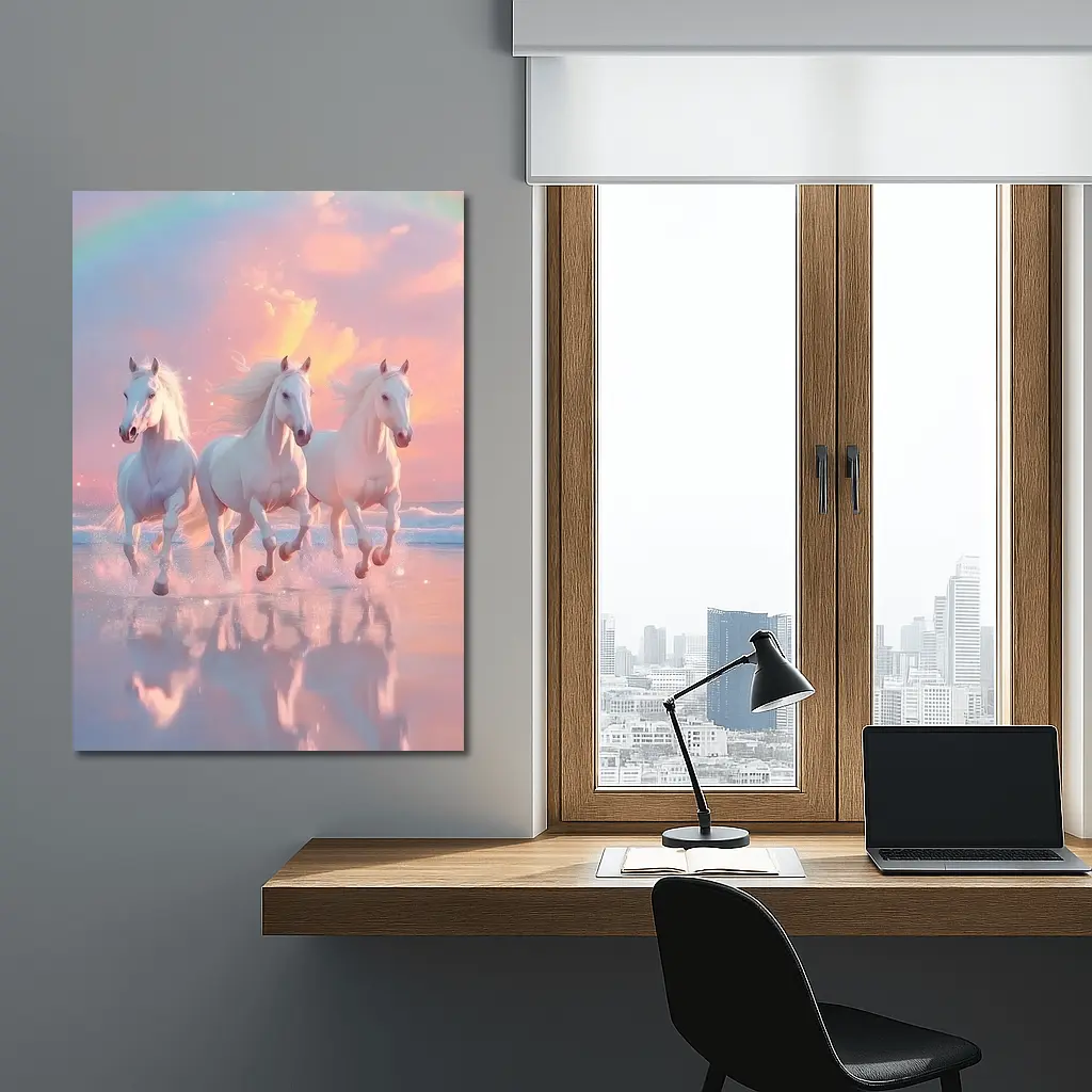 White Horses Running on Pastel Beach – Wall Art