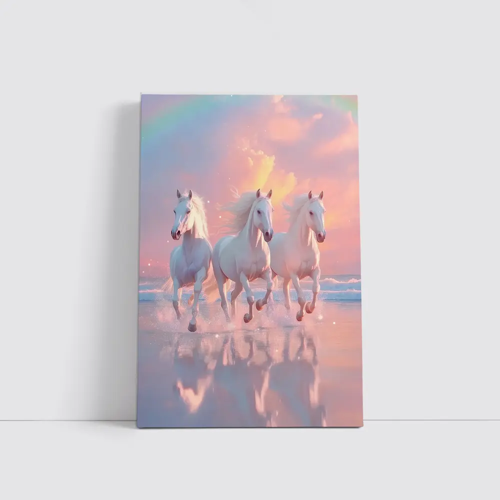 White Horses Running on Pastel Beach – Wall Art