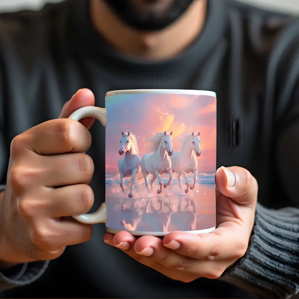 White Horses Running on Pastel Beach – Mugs