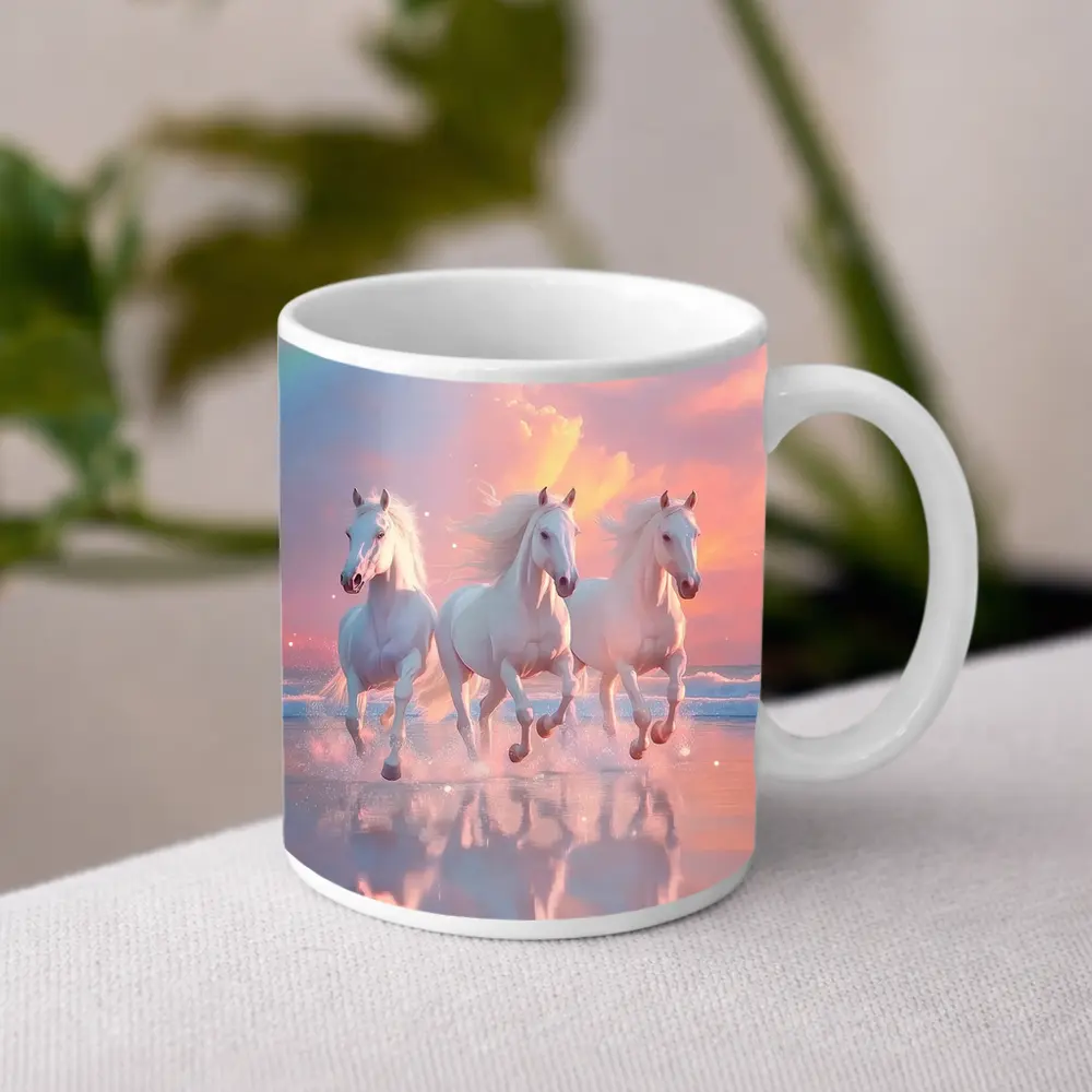 White Horses Running on Pastel Beach – Mugs