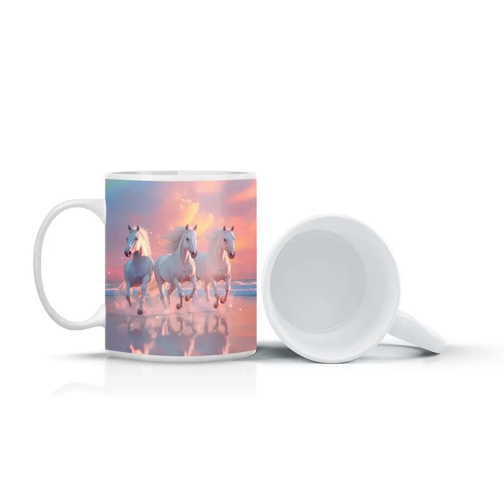 White Horses Running on Pastel Beach – Mugs
