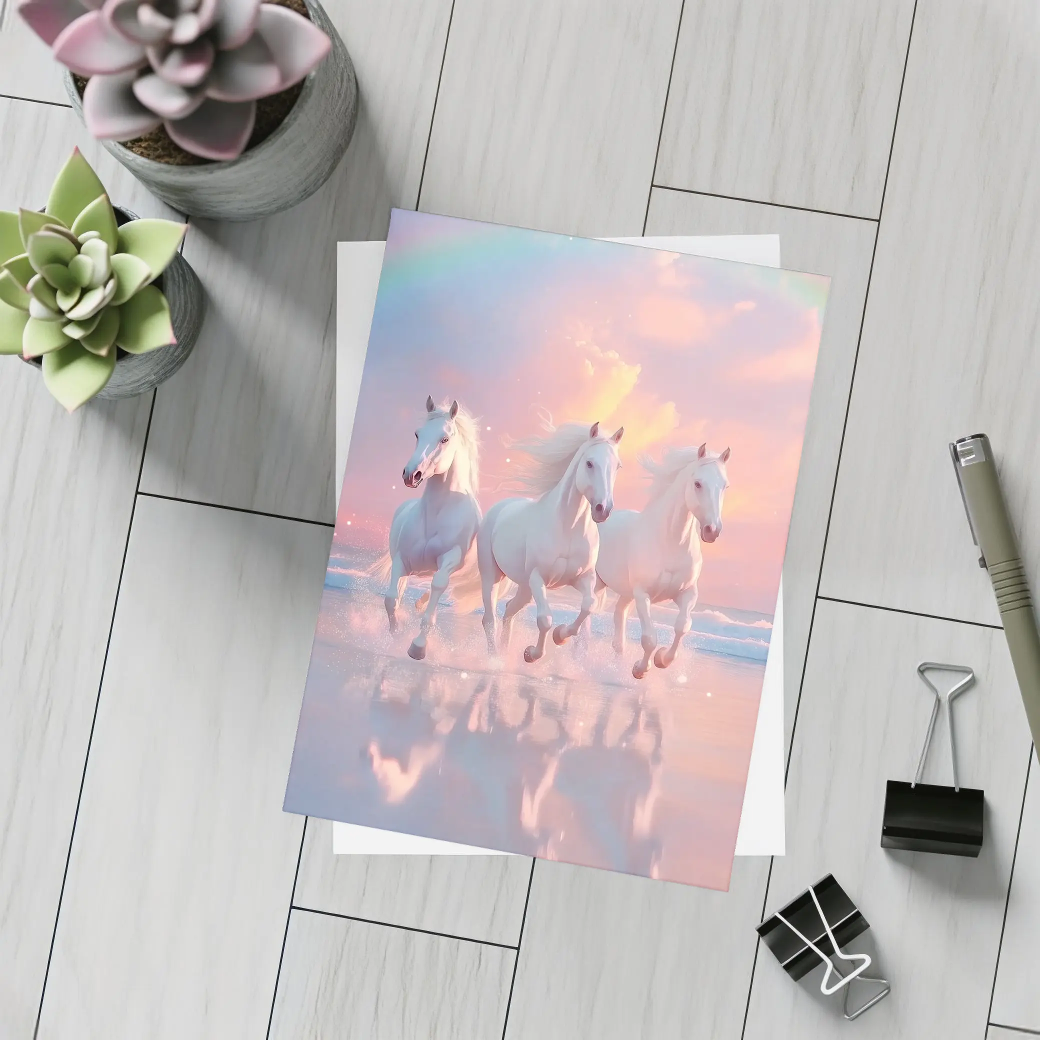 White Horses Running on Pastel Beach – Postcards