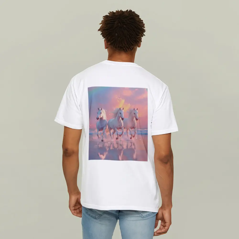 White Horses Running on Pastel Beach – T-Shirts