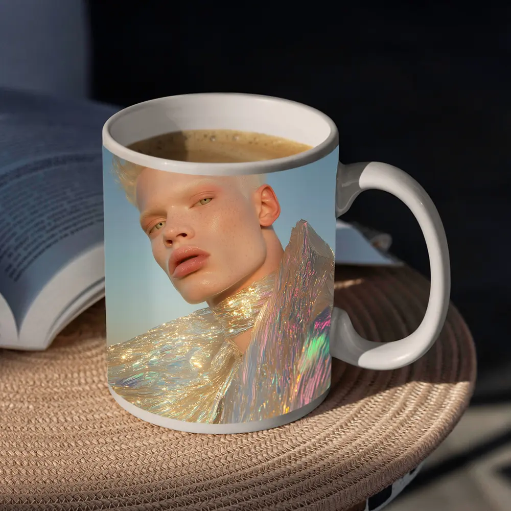 Albino Man Iridescent Cape Sky Background – Mugs