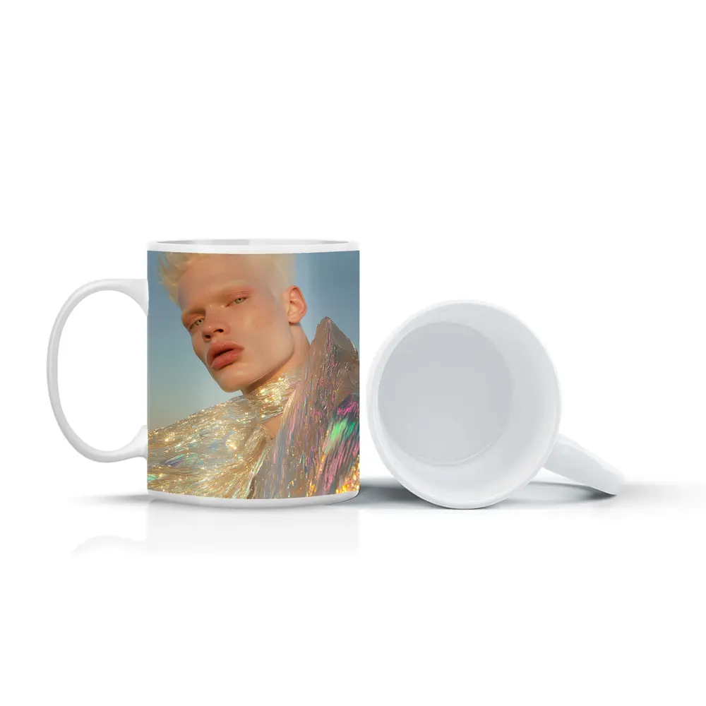 Albino Man Iridescent Cape Sky Background – Mugs