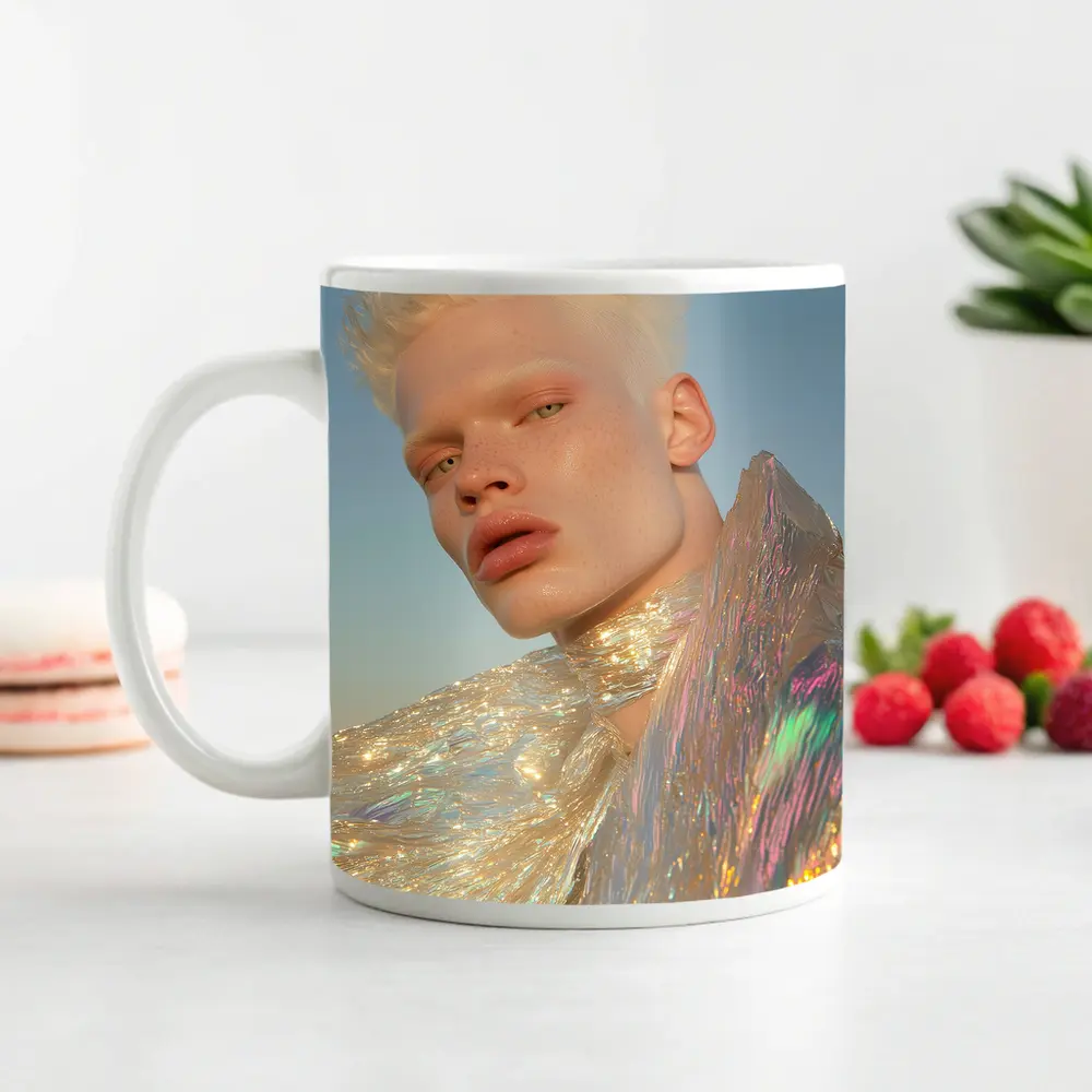 Albino Man Iridescent Cape Sky Background – Mugs