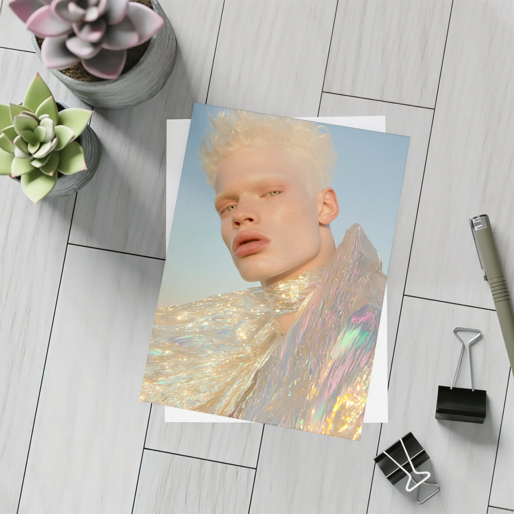 Albino Man Iridescent Cape Sky Background – Postcards