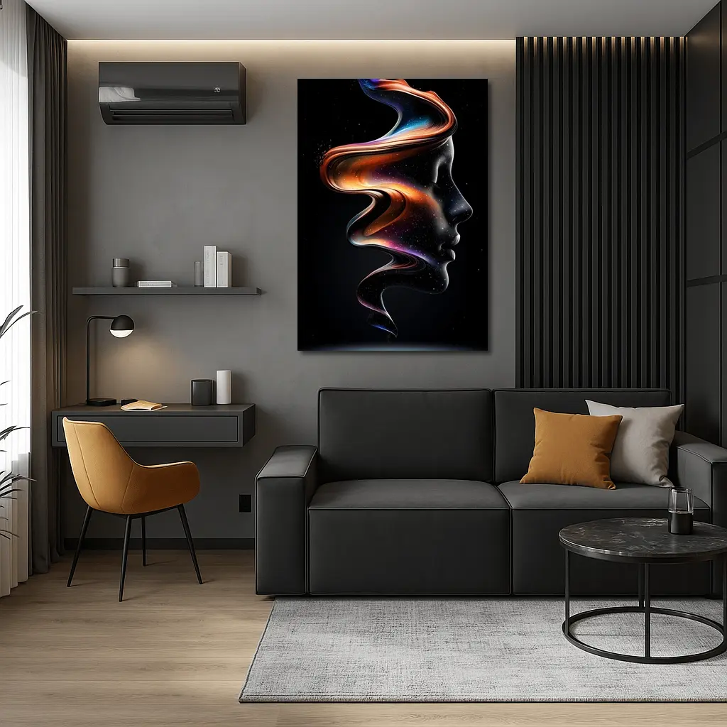 Abstract Female Face Cosmic Swirl Black Background – Wall Art