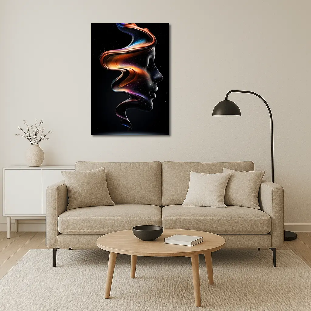 Abstract Female Face Cosmic Swirl Black Background – Wall Art