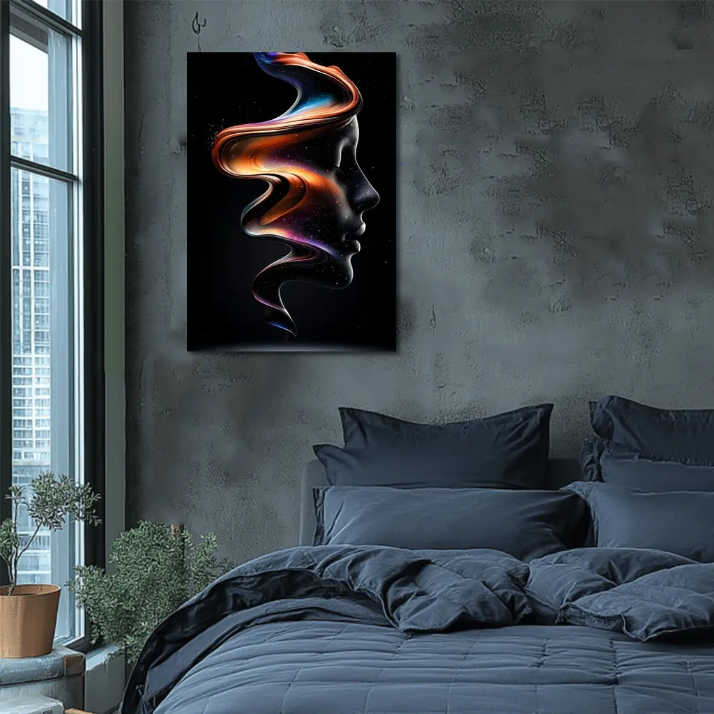 Abstract Female Face Cosmic Swirl Black Background – Wall Art
