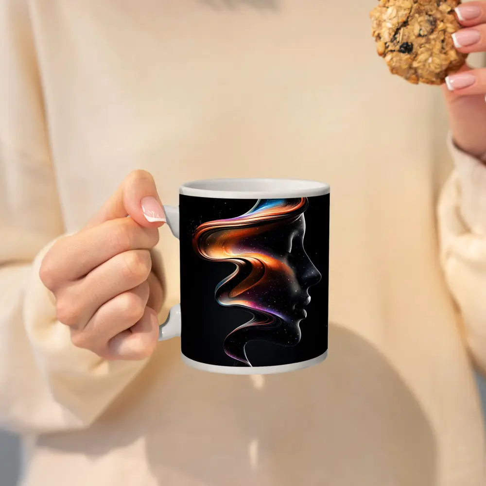 Abstract Female Face Cosmic Swirl Black Background – Mugs