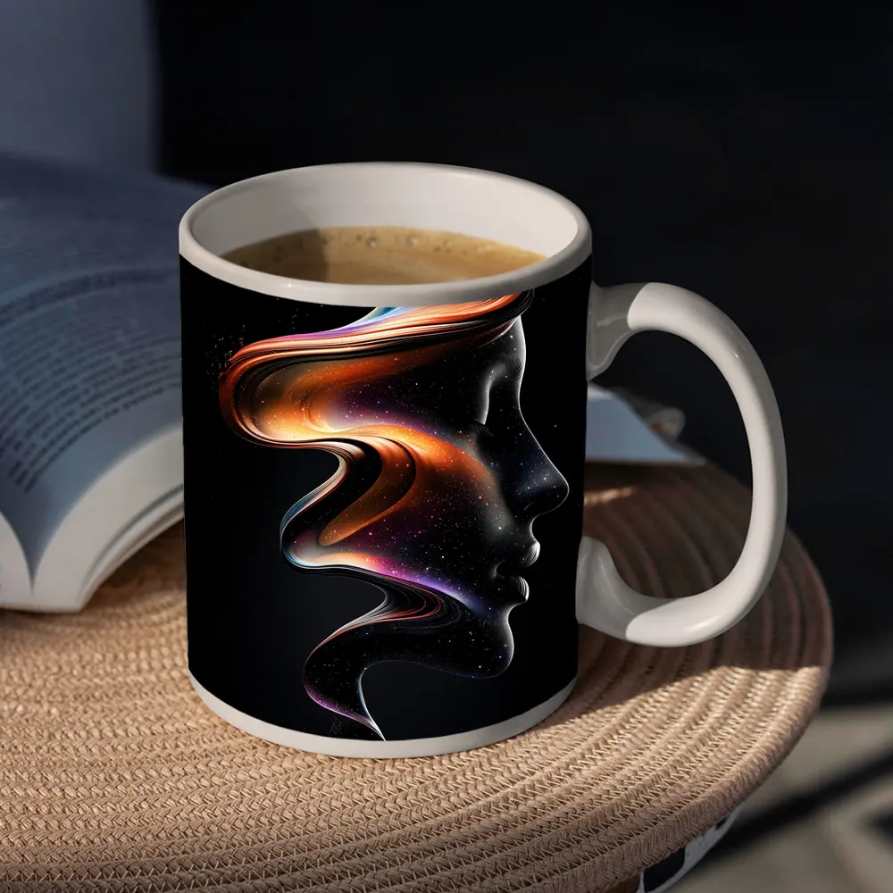 Abstract Female Face Cosmic Swirl Black Background – Mugs