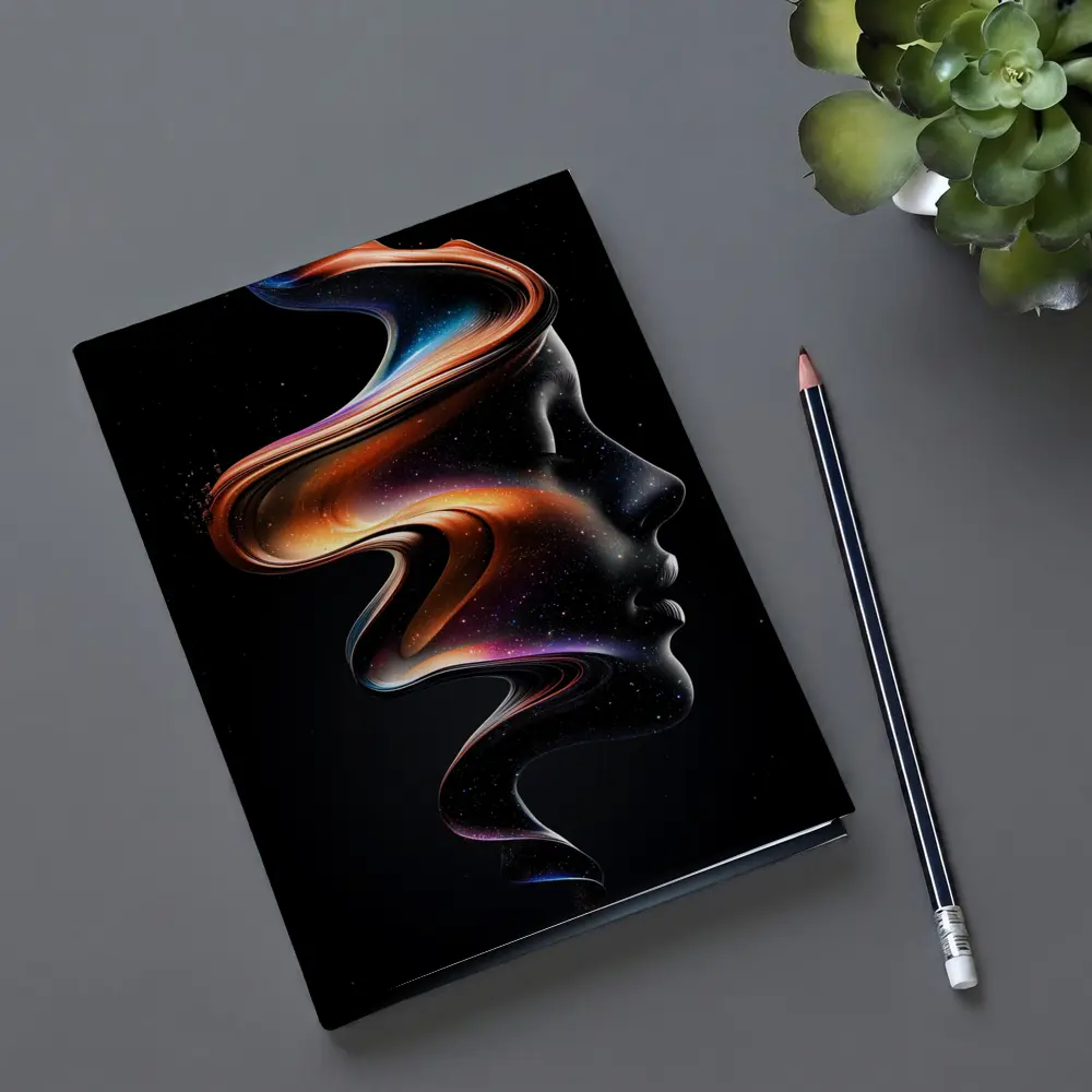 Abstract Female Face Cosmic Swirl Black Background – Notebooks
