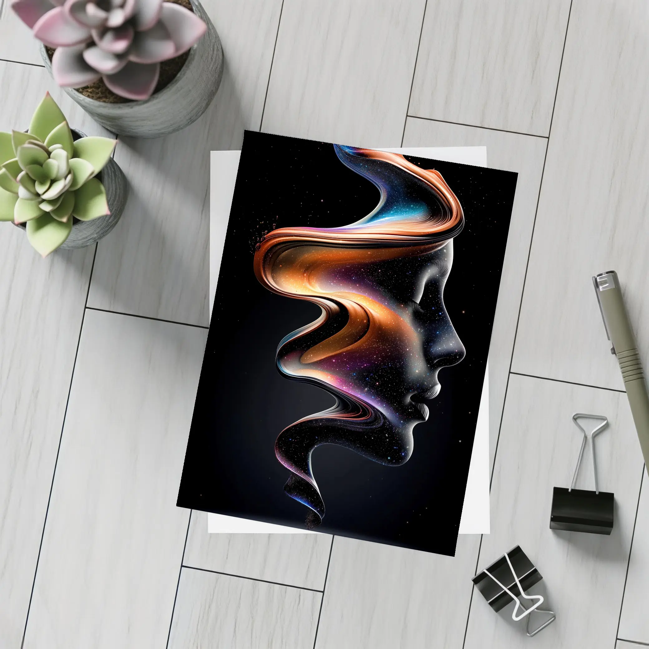 Abstract Female Face Cosmic Swirl Black Background – Postcards