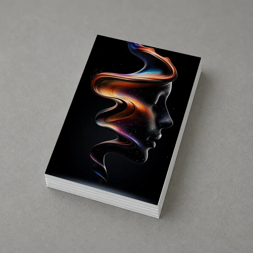 Abstract Female Face Cosmic Swirl Black Background – Postcards