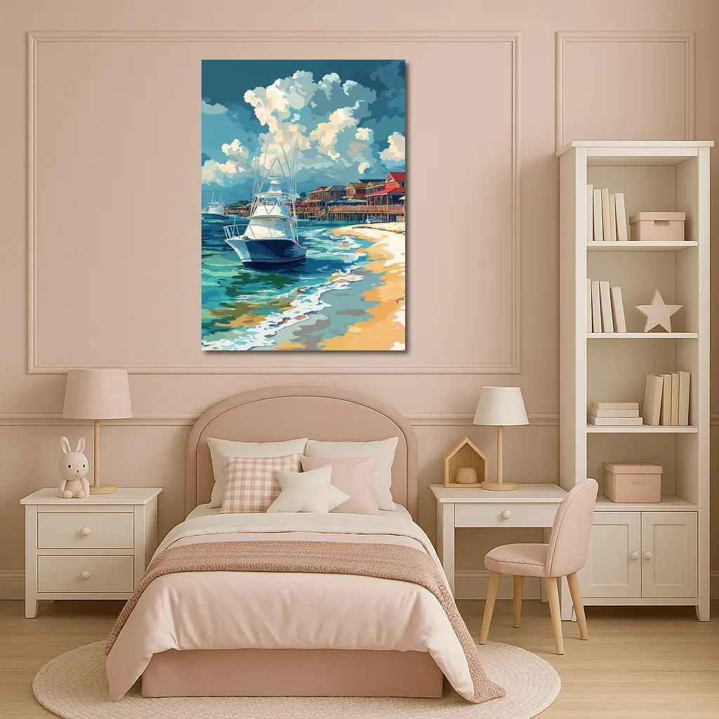 Sport Fishing Boat Sandy Beach Coastal Town – Wall Art