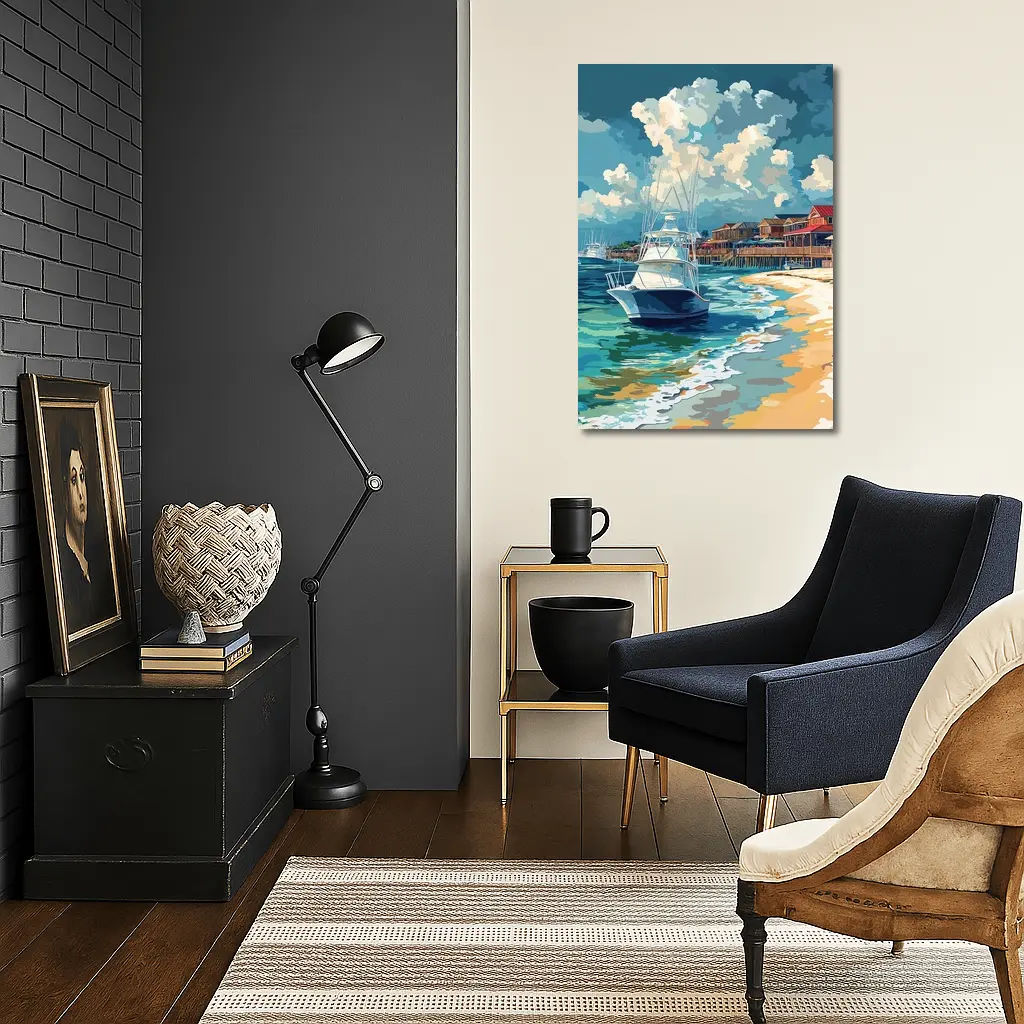 Sport Fishing Boat Sandy Beach Coastal Town – Wall Art