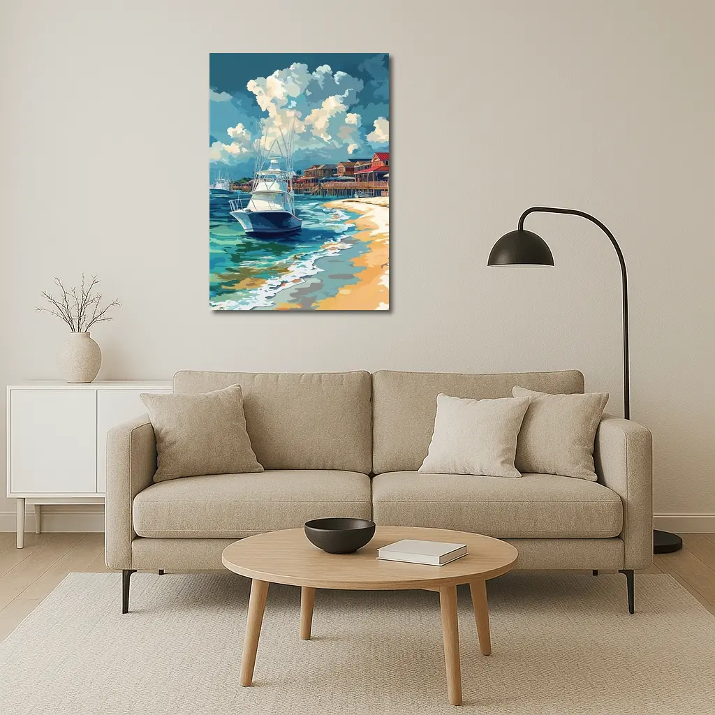 Sport Fishing Boat Sandy Beach Coastal Town – Wall Art