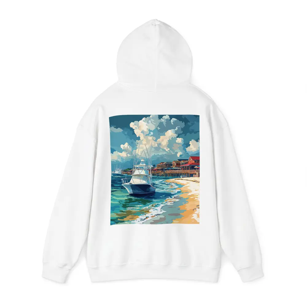 Sport Fishing Boat Sandy Beach Coastal Town – Hoodies