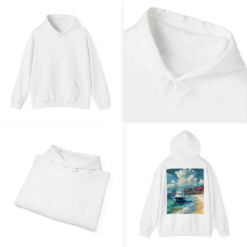 Sport Fishing Boat Sandy Beach Coastal Town – Hoodies