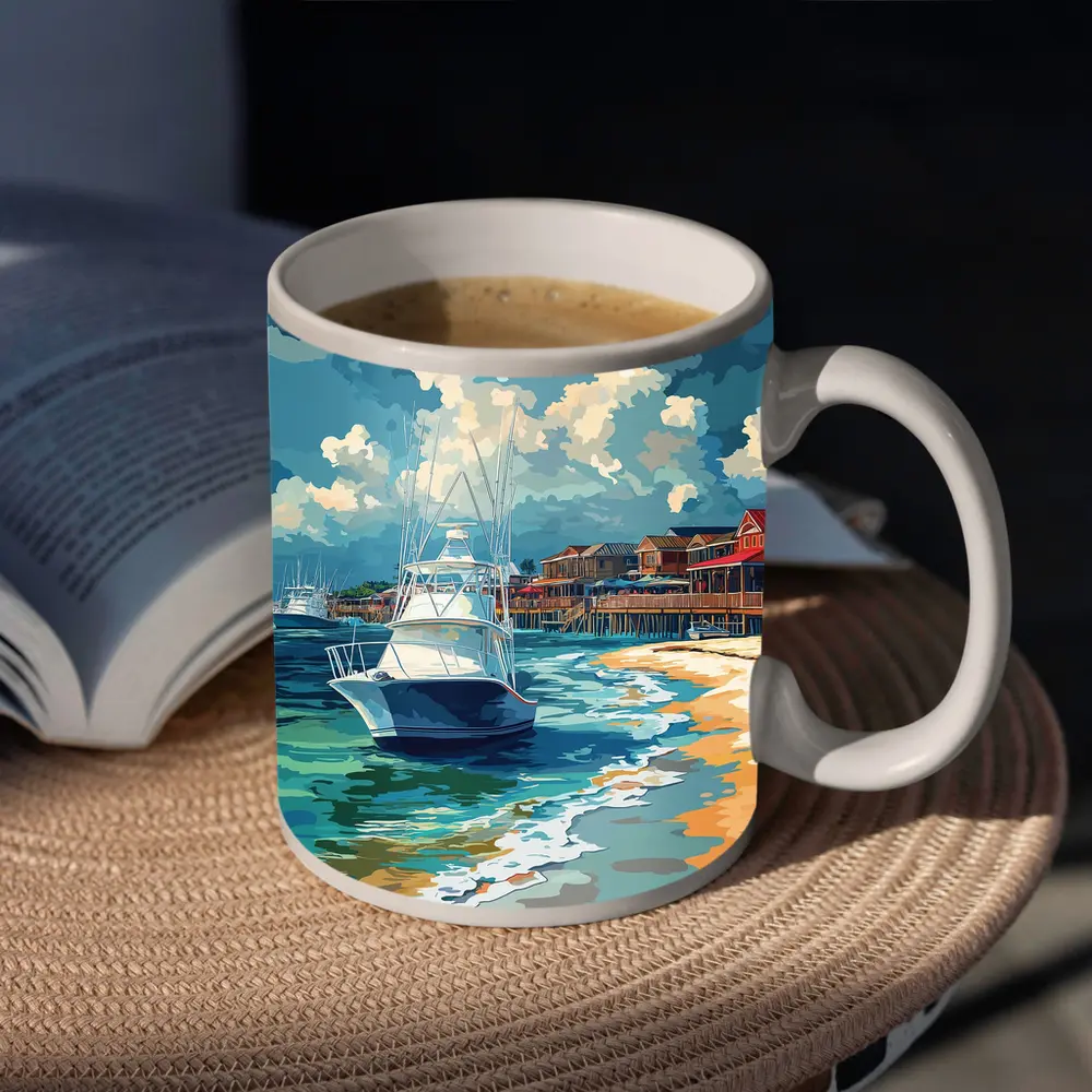Sport Fishing Boat Sandy Beach Coastal Town – Mugs
